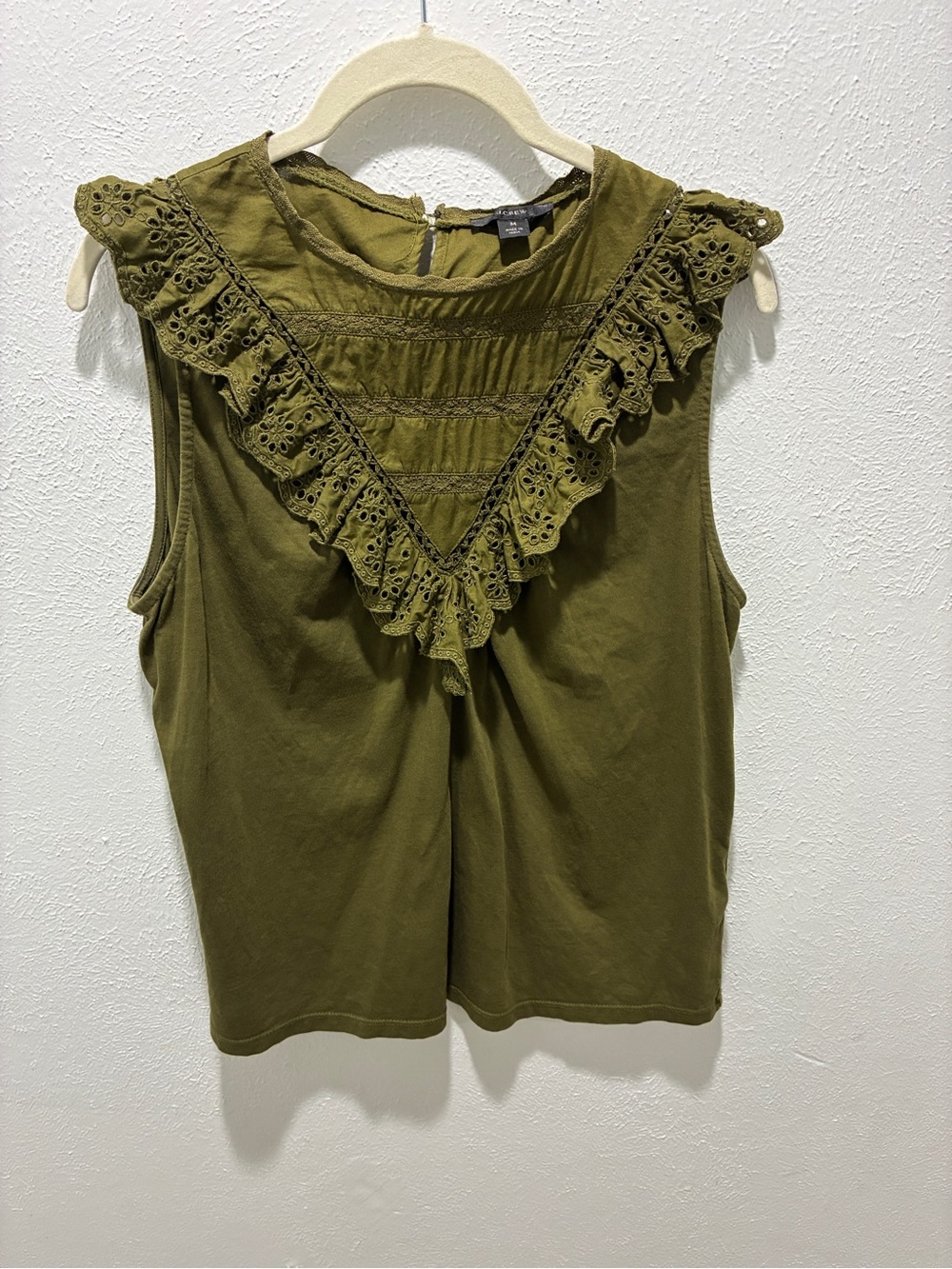 J. Crew Olive Green Eyelet Ruffle V-Yoke Sleeveless t-shirt